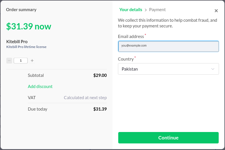 Paddle checkout, first step, country set to Pakistan