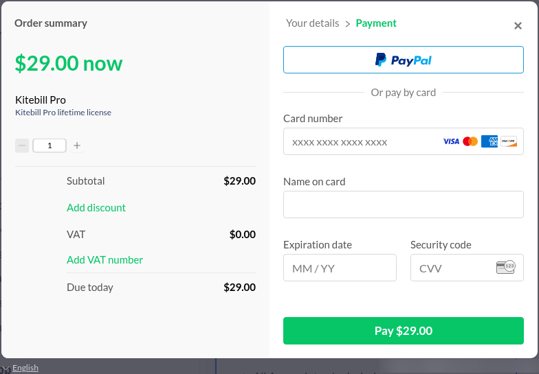 Paddle checkout payment step showing PayPal and card, US$29.00 due, VAT US$0.00