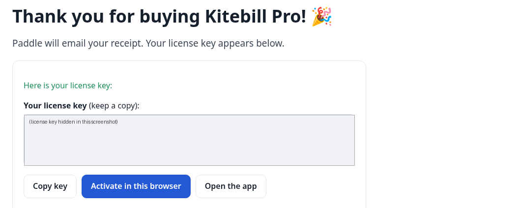 Kitebill thank-you page with license key box and Activate in this browser button