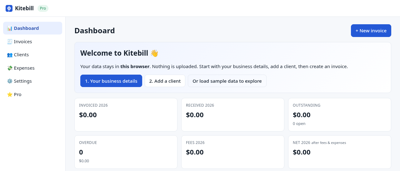 Kitebill app dashboard with the Pro badge next to the logo