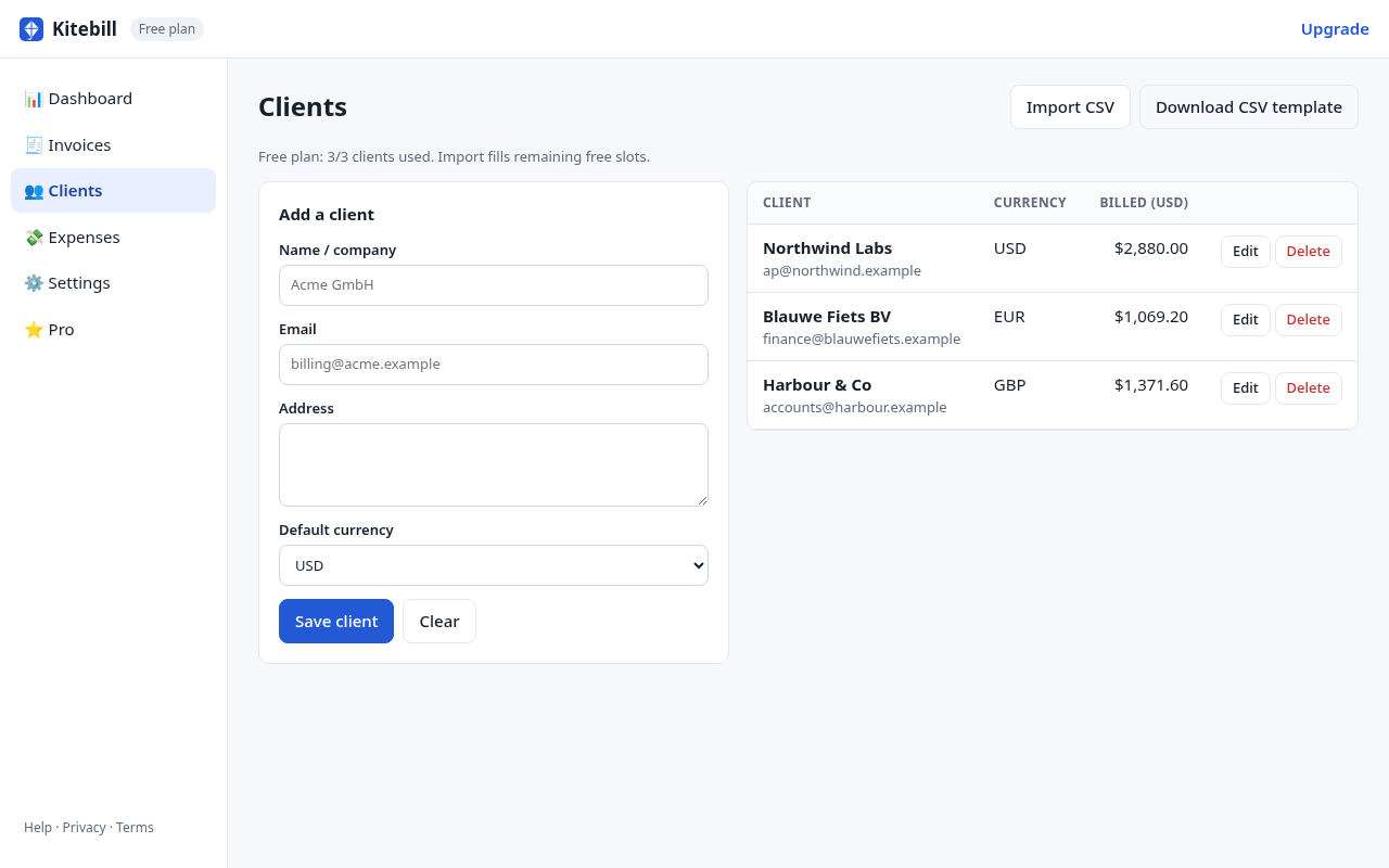 Clients list with import CSV