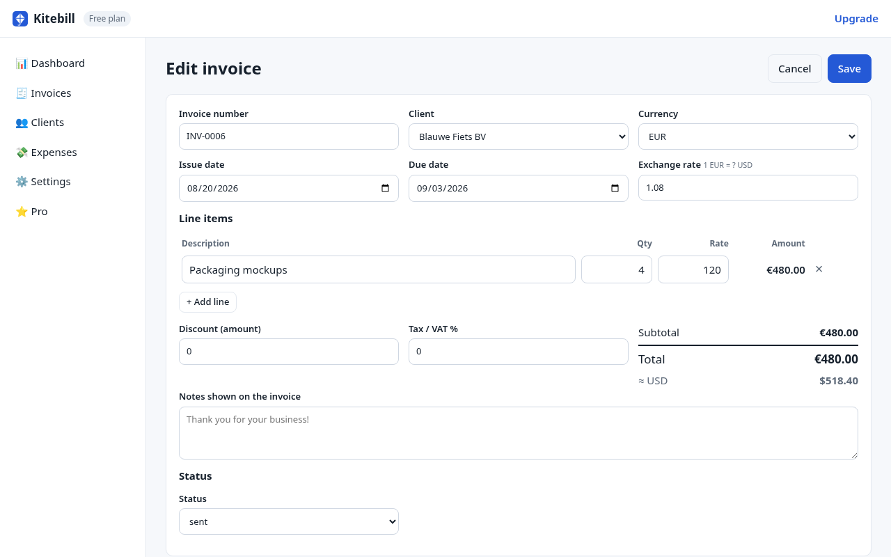Editing an invoice in EUR with exchange rate to USD