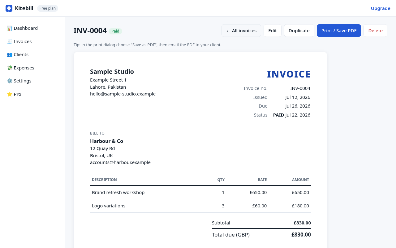 A printable invoice created with Kitebill
