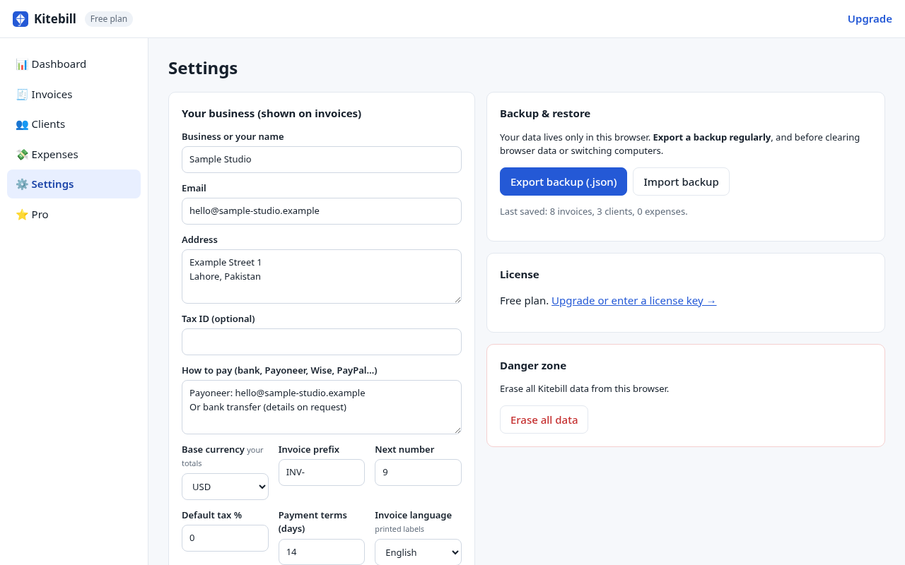Settings with backup export